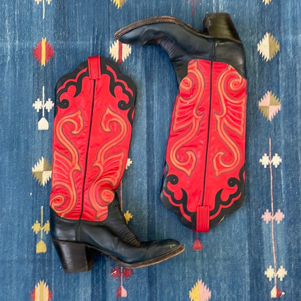 Insanely cool red & navy blue leather tall cowboy boots Larry Mayans made in TX
